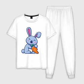 Мужская пижама хлопок с принтом Радостный кролик с морковкой в Белгороде, 100% хлопок | брюки и футболка прямого кроя, без карманов, на брюках мягкая резинка на поясе и по низу штанин
 | 