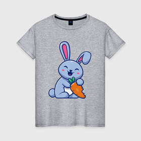 Женская футболка хлопок с принтом Радостный кролик с морковкой в Кировске, 100% хлопок | прямой крой, круглый вырез горловины, длина до линии бедер, слегка спущенное плечо | 