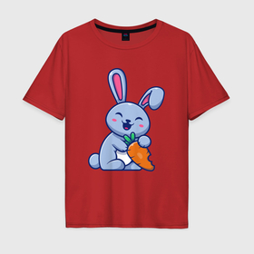 Мужская футболка хлопок Oversize с принтом Радостный кролик с морковкой в Екатеринбурге, 100% хлопок | свободный крой, круглый ворот, “спинка” длиннее передней части | 