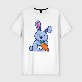Мужская футболка хлопок Slim с принтом Радостный кролик с морковкой в Санкт-Петербурге, 92% хлопок, 8% лайкра | приталенный силуэт, круглый вырез ворота, длина до линии бедра, короткий рукав | 
