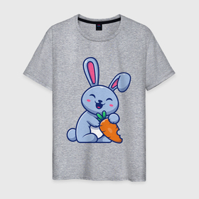 Мужская футболка хлопок с принтом Радостный кролик с морковкой в Белгороде, 100% хлопок | прямой крой, круглый вырез горловины, длина до линии бедер, слегка спущенное плечо. | 