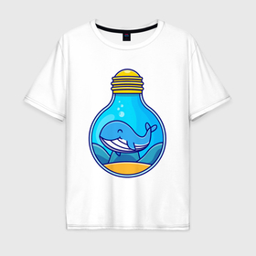 Мужская футболка хлопок Oversize с принтом Синий кит в лампочке в Петрозаводске, 100% хлопок | свободный крой, круглый ворот, “спинка” длиннее передней части | Тематика изображения на принте: 