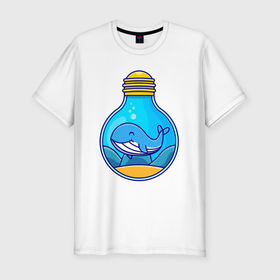 Мужская футболка хлопок Slim с принтом Синий кит в лампочке в Петрозаводске, 92% хлопок, 8% лайкра | приталенный силуэт, круглый вырез ворота, длина до линии бедра, короткий рукав | Тематика изображения на принте: 