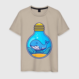 Мужская футболка хлопок с принтом Синий кит в лампочке в Тюмени, 100% хлопок | прямой крой, круглый вырез горловины, длина до линии бедер, слегка спущенное плечо. | 