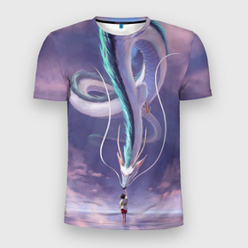 Мужская футболка 3D Slim с принтом Унесенные призраками  дракон и девочка в Новосибирске, 100% полиэстер с улучшенными характеристиками | приталенный силуэт, круглая горловина, широкие плечи, сужается к линии бедра | 
