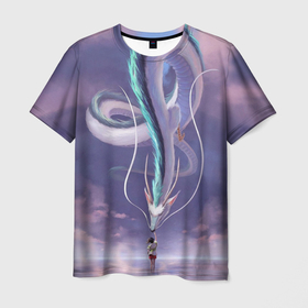 Мужская футболка 3D с принтом Унесенные призраками  дракон и девочка в Екатеринбурге, 100% полиэфир | прямой крой, круглый вырез горловины, длина до линии бедер | Тематика изображения на принте: 