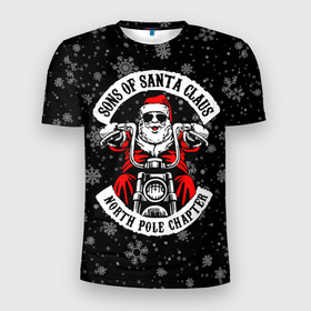 Мужская футболка 3D Slim с принтом Sons of Santa Claus north pole chapter в Тюмени, 100% полиэстер с улучшенными характеристиками | приталенный силуэт, круглая горловина, широкие плечи, сужается к линии бедра | Тематика изображения на принте: 