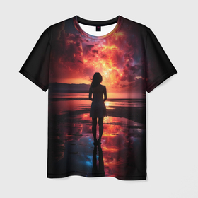 Мужская футболка 3D с принтом Девушка на закате   космос в Санкт-Петербурге, 100% полиэфир | прямой крой, круглый вырез горловины, длина до линии бедер | 