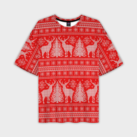 Мужская футболка oversize 3D с принтом Новогодний узор с оленями и елками в Курске,  |  | Тематика изображения на принте: 