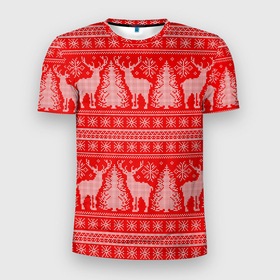 Мужская футболка 3D Slim с принтом Новогодний узор с оленями и елками в Тюмени, 100% полиэстер с улучшенными характеристиками | приталенный силуэт, круглая горловина, широкие плечи, сужается к линии бедра | Тематика изображения на принте: 