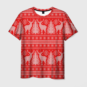 Мужская футболка 3D с принтом Новогодний узор с оленями и елками в Курске, 100% полиэфир | прямой крой, круглый вырез горловины, длина до линии бедер | 