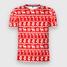 Мужская футболка 3D Slim с принтом Новогодний узор с оленями и снежинками в Тюмени, 100% полиэстер с улучшенными характеристиками | приталенный силуэт, круглая горловина, широкие плечи, сужается к линии бедра | 