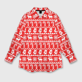 Женская рубашка oversize 3D с принтом Новогодний узор с оленями и снежинками в Кировске,  |  | 