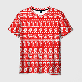 Мужская футболка 3D с принтом Новогодний узор с оленями и снежинками в Новосибирске, 100% полиэфир | прямой крой, круглый вырез горловины, длина до линии бедер | 
