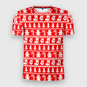 Мужская футболка 3D Slim с принтом Новогодний узор с пряничными человечками и елками в Екатеринбурге, 100% полиэстер с улучшенными характеристиками | приталенный силуэт, круглая горловина, широкие плечи, сужается к линии бедра | Тематика изображения на принте: 