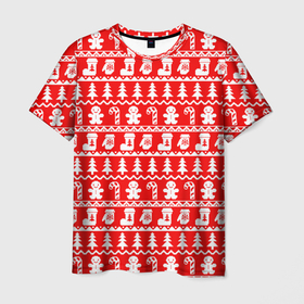 Мужская футболка 3D с принтом Новогодний узор с пряничными человечками и елками в Екатеринбурге, 100% полиэфир | прямой крой, круглый вырез горловины, длина до линии бедер | Тематика изображения на принте: 