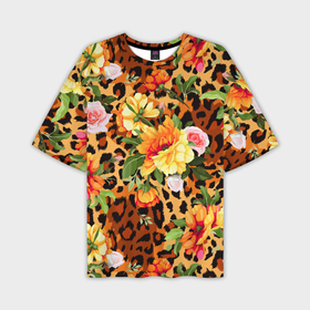 Мужская футболка oversize 3D с принтом Цветы на шкуре леопарда ,  |  | 