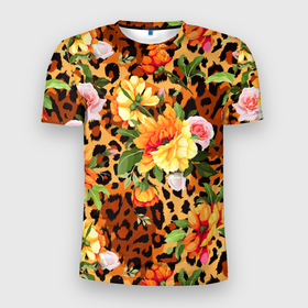 Мужская футболка 3D Slim с принтом Цветы на шкуре леопарда в Екатеринбурге, 100% полиэстер с улучшенными характеристиками | приталенный силуэт, круглая горловина, широкие плечи, сужается к линии бедра | 