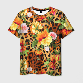 Мужская футболка 3D с принтом Цветы на шкуре леопарда , 100% полиэфир | прямой крой, круглый вырез горловины, длина до линии бедер | 