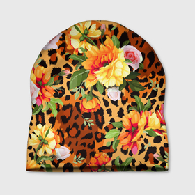 Шапка 3D с принтом Цветы на шкуре леопарда в Санкт-Петербурге, 100% полиэстер | универсальный размер, печать по всей поверхности изделия | Тематика изображения на принте: 