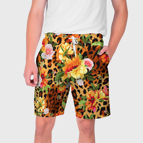 Мужские шорты 3D с принтом Цветы на шкуре леопарда в Кировске,  полиэстер 100% | прямой крой, два кармана без застежек по бокам. Мягкая трикотажная резинка на поясе, внутри которой широкие завязки. Длина чуть выше колен | 