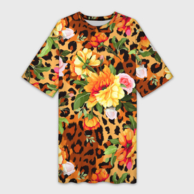 Платье-футболка 3D с принтом Цветы на шкуре леопарда ,  |  | 