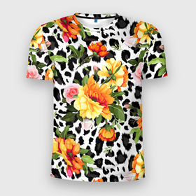 Мужская футболка 3D Slim с принтом Цветы на пятнистом фоне в Белгороде, 100% полиэстер с улучшенными характеристиками | приталенный силуэт, круглая горловина, широкие плечи, сужается к линии бедра | 