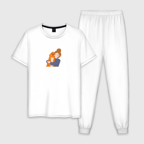 Мужская пижама хлопок с принтом Обнимашки с рыжим котом в Петрозаводске, 100% хлопок | брюки и футболка прямого кроя, без карманов, на брюках мягкая резинка на поясе и по низу штанин
 | 
