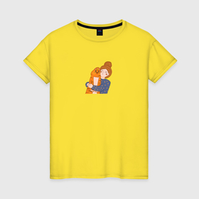 Женская футболка хлопок с принтом Обнимашки с рыжим котом в Петрозаводске, 100% хлопок | прямой крой, круглый вырез горловины, длина до линии бедер, слегка спущенное плечо | 