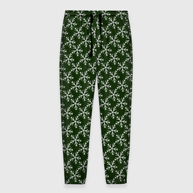 Мужские брюки 3D с принтом Паттерн снежинки тёмно зелёный в Тюмени, 100% полиэстер | манжеты по низу, эластичный пояс регулируется шнурком, по бокам два кармана без застежек, внутренняя часть кармана из мелкой сетки | 