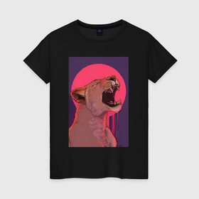 Женская футболка хлопок с принтом Лев на розовом солнце в Петрозаводске, 100% хлопок | прямой крой, круглый вырез горловины, длина до линии бедер, слегка спущенное плечо | 