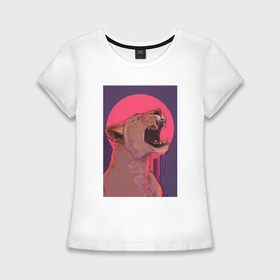 Женская футболка хлопок Slim с принтом Лев на розовом солнце в Петрозаводске,  |  | Тематика изображения на принте: 