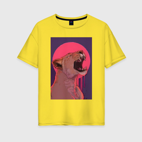 Женская футболка хлопок Oversize с принтом Лев на розовом солнце в Кировске, 100% хлопок | свободный крой, круглый ворот, спущенный рукав, длина до линии бедер
 | 