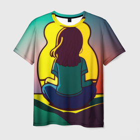 Мужская футболка 3D с принтом Девочка в медитации в Курске, 100% полиэфир | прямой крой, круглый вырез горловины, длина до линии бедер | Тематика изображения на принте: 