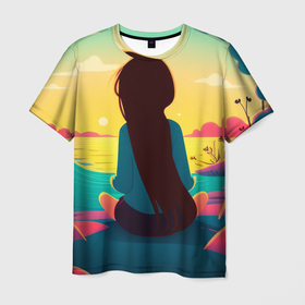 Мужская футболка 3D с принтом Девочка в медитации на рассвете в Курске, 100% полиэфир | прямой крой, круглый вырез горловины, длина до линии бедер | Тематика изображения на принте: 