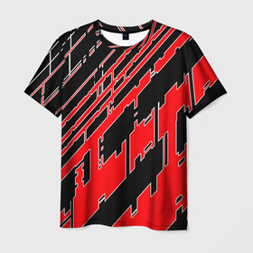 Мужская футболка 3D с принтом Киберпанк линии красные , 100% полиэфир | прямой крой, круглый вырез горловины, длина до линии бедер | 