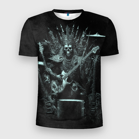 Мужская футболка 3D Slim с принтом Скелет музыкант король метала на троне в Курске, 100% полиэстер с улучшенными характеристиками | приталенный силуэт, круглая горловина, широкие плечи, сужается к линии бедра | 