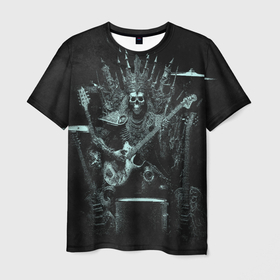 Мужская футболка 3D с принтом Скелет музыкант король метала на троне в Петрозаводске, 100% полиэфир | прямой крой, круглый вырез горловины, длина до линии бедер | 