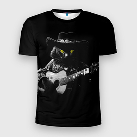 Мужская футболка 3D Slim с принтом Кот в шляпе с гитарой и зелёными глазами в Санкт-Петербурге, 100% полиэстер с улучшенными характеристиками | приталенный силуэт, круглая горловина, широкие плечи, сужается к линии бедра | 