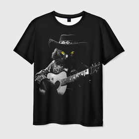Мужская футболка 3D с принтом Кот в шляпе с гитарой и зелёными глазами , 100% полиэфир | прямой крой, круглый вырез горловины, длина до линии бедер | Тематика изображения на принте: 