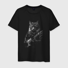 Мужская футболка хлопок с принтом Кот рокер гитарист в Санкт-Петербурге, 100% хлопок | прямой крой, круглый вырез горловины, длина до линии бедер, слегка спущенное плечо. | Тематика изображения на принте: 