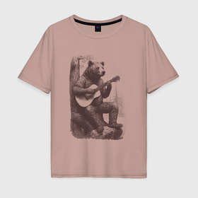 Мужская футболка хлопок Oversize с принтом Медведь в лесу играет на акустической гитаре в Санкт-Петербурге, 100% хлопок | свободный крой, круглый ворот, “спинка” длиннее передней части | 