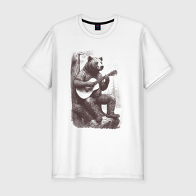 Мужская футболка хлопок Slim с принтом Медведь в лесу играет на акустической гитаре в Курске, 92% хлопок, 8% лайкра | приталенный силуэт, круглый вырез ворота, длина до линии бедра, короткий рукав | 