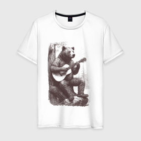 Мужская футболка хлопок с принтом Медведь в лесу играет на акустической гитаре , 100% хлопок | прямой крой, круглый вырез горловины, длина до линии бедер, слегка спущенное плечо. | 