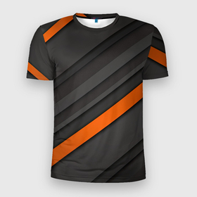 Мужская футболка 3D Slim с принтом Оранжевая полоса на сером фоне в Белгороде, 100% полиэстер с улучшенными характеристиками | приталенный силуэт, круглая горловина, широкие плечи, сужается к линии бедра | 