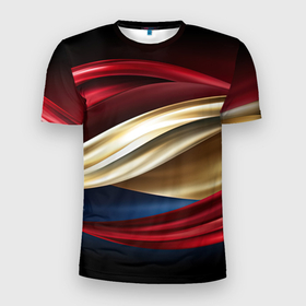 Мужская футболка 3D Slim с принтом Золотые и красные волны абстракции в Екатеринбурге, 100% полиэстер с улучшенными характеристиками | приталенный силуэт, круглая горловина, широкие плечи, сужается к линии бедра | 