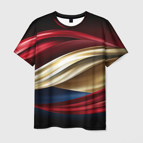 Мужская футболка 3D с принтом Золотые и красные волны абстракции в Екатеринбурге, 100% полиэфир | прямой крой, круглый вырез горловины, длина до линии бедер | 