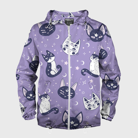 Мужская ветровка 3D с принтом Мистические кошечки   паттерн фиолетовый в Екатеринбурге, 100% полиэстер | подол и капюшон оформлены резинкой с фиксаторами, два кармана без застежек по бокам, один потайной карман на груди | 