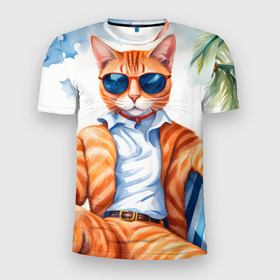 Мужская футболка 3D Slim с принтом Рыжий кот с коктейлем у моря под пальмами в Петрозаводске, 100% полиэстер с улучшенными характеристиками | приталенный силуэт, круглая горловина, широкие плечи, сужается к линии бедра | 