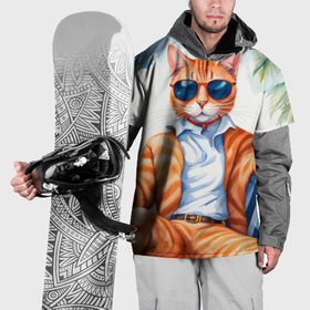 Накидка на куртку 3D с принтом Рыжий кот с коктейлем у моря под пальмами , 100% полиэстер |  | Тематика изображения на принте: 